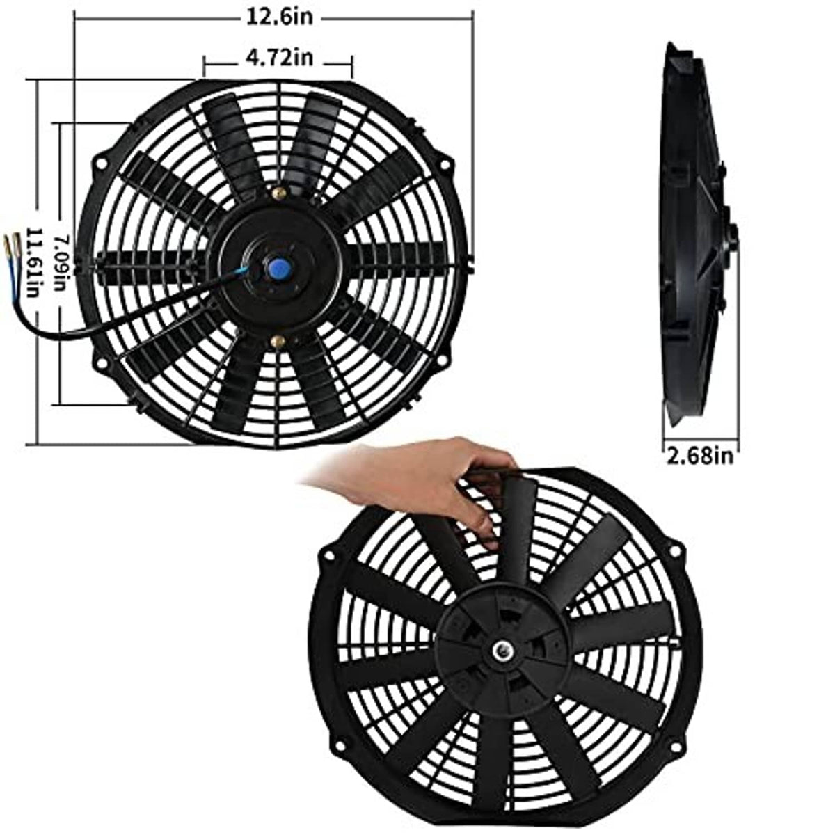 Black 12-inch radiator cooling fan with circular grille; compact 2.68 in housing