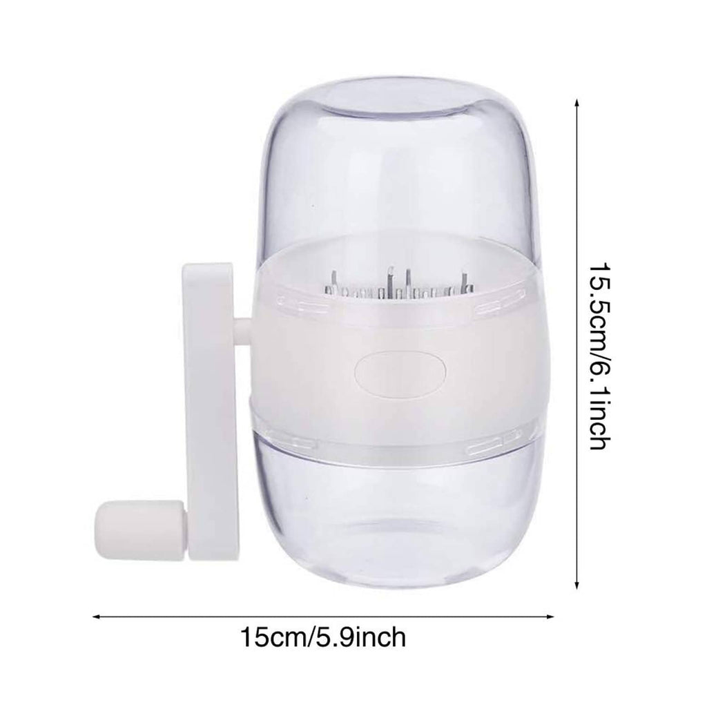 Portable nut chopper with clear plastic cup and white crank handle