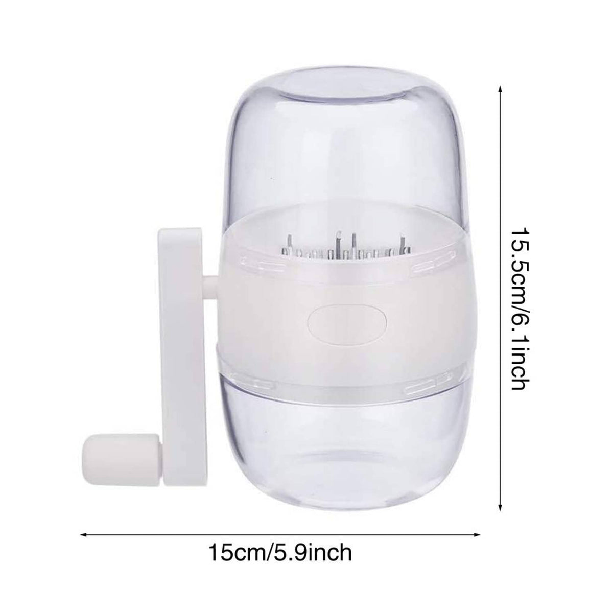 Portable nut chopper with clear plastic cup and white crank handle