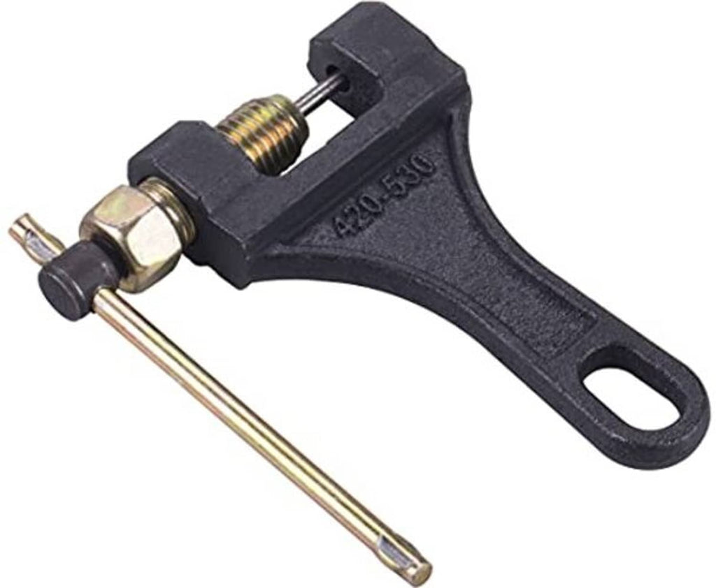 Black chain breaker tool with gold alignment pins and threaded bolt, side view