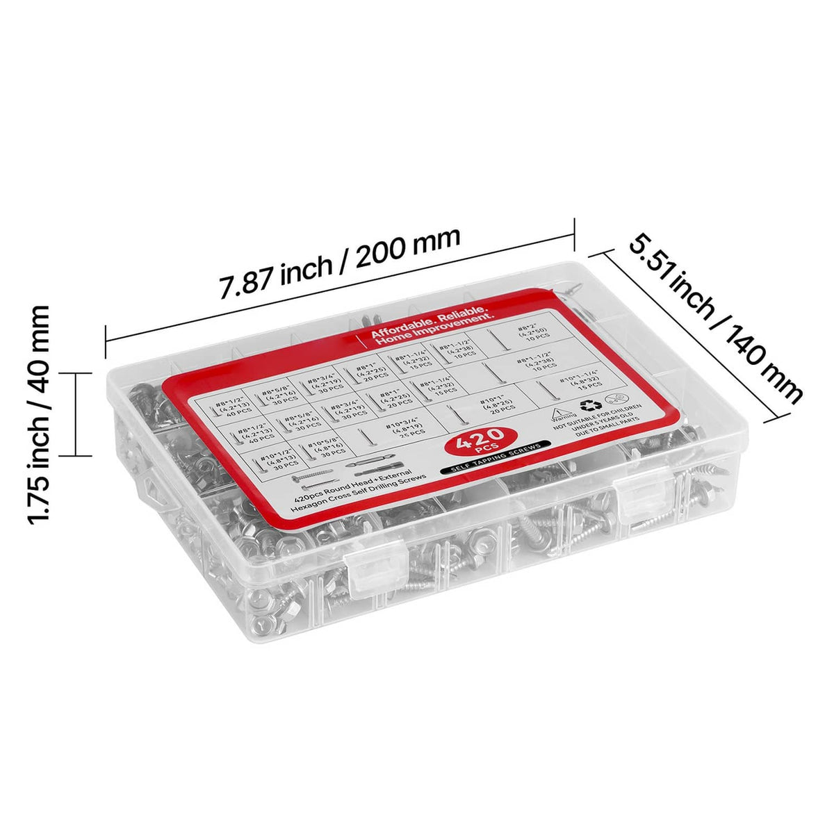 Self-drilling screw storage box with red label and clear plastic compartment