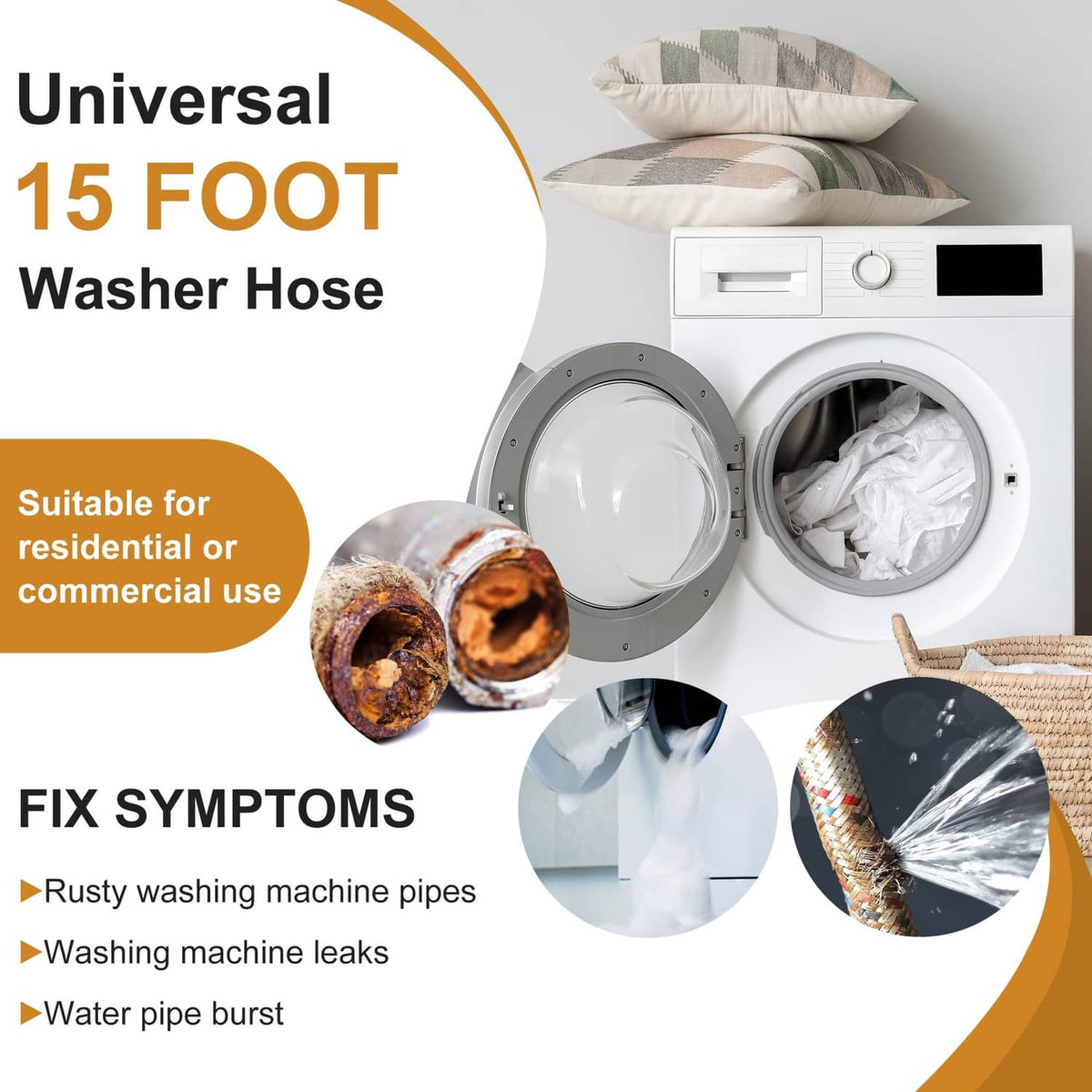 Universal 15 ft washer hose with coiled braided stainless body and brass fittings