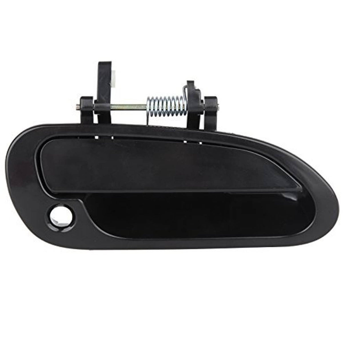 Black exterior door handle for car door, with round key hole and visible spring mounting