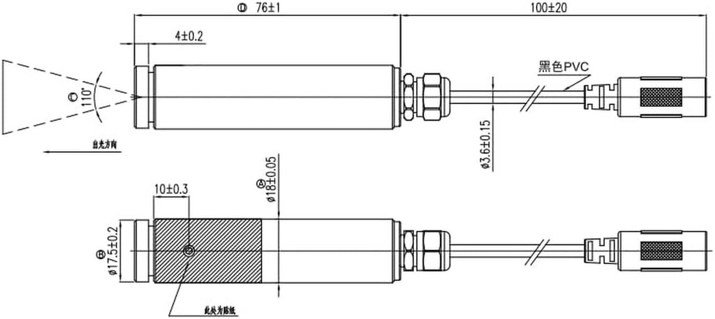 Technical dimension diagram of a laser module with cable connectors