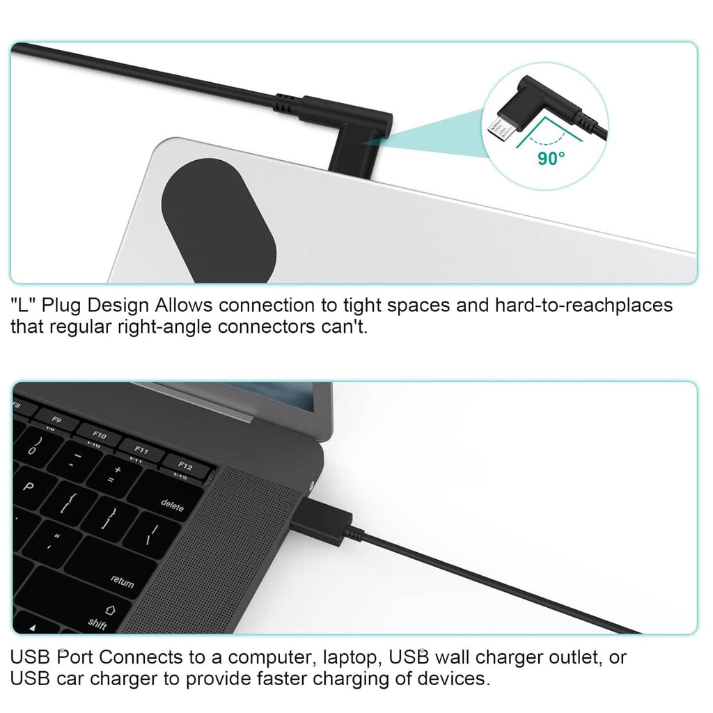 Black right-angle micro USB cable with USB port connection diagram callouts.