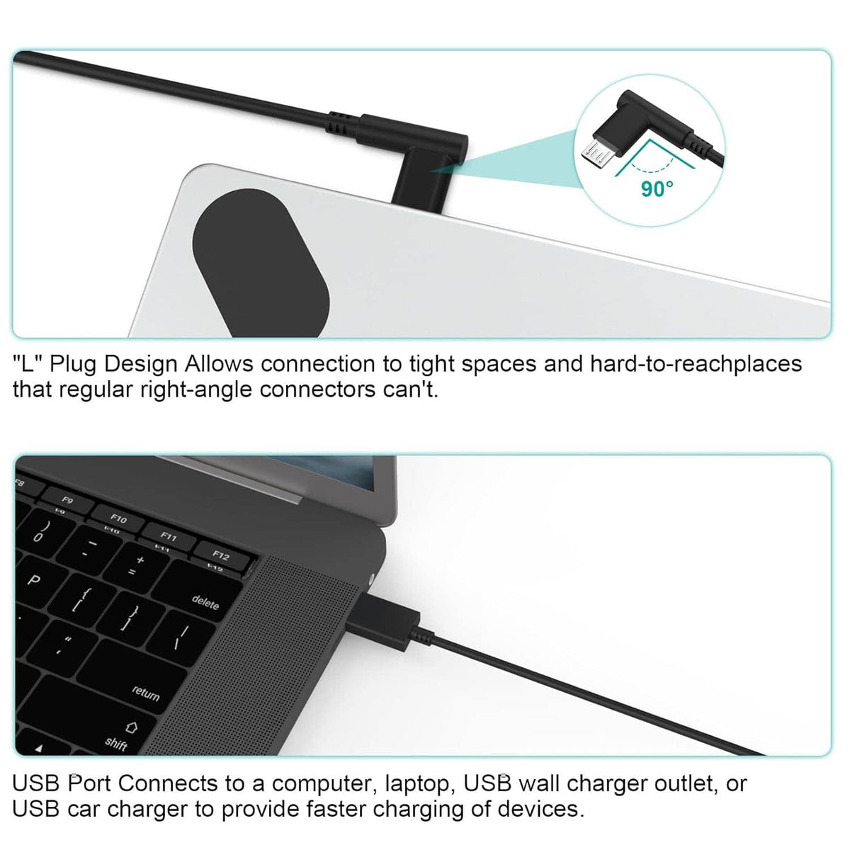 Black right-angle micro USB cable with USB port connection diagram callouts.