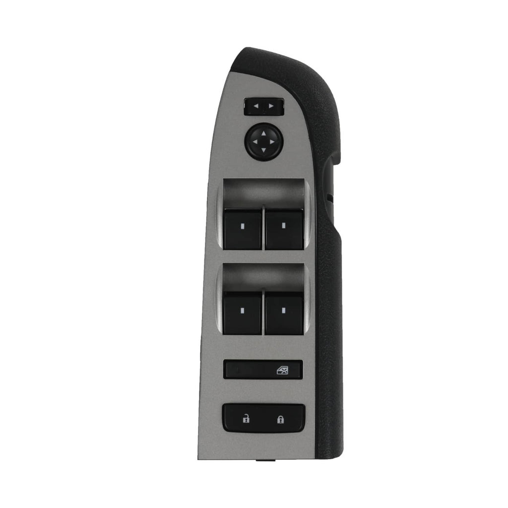 Power window switch with directional dial and four rocker switches on gray panel.
