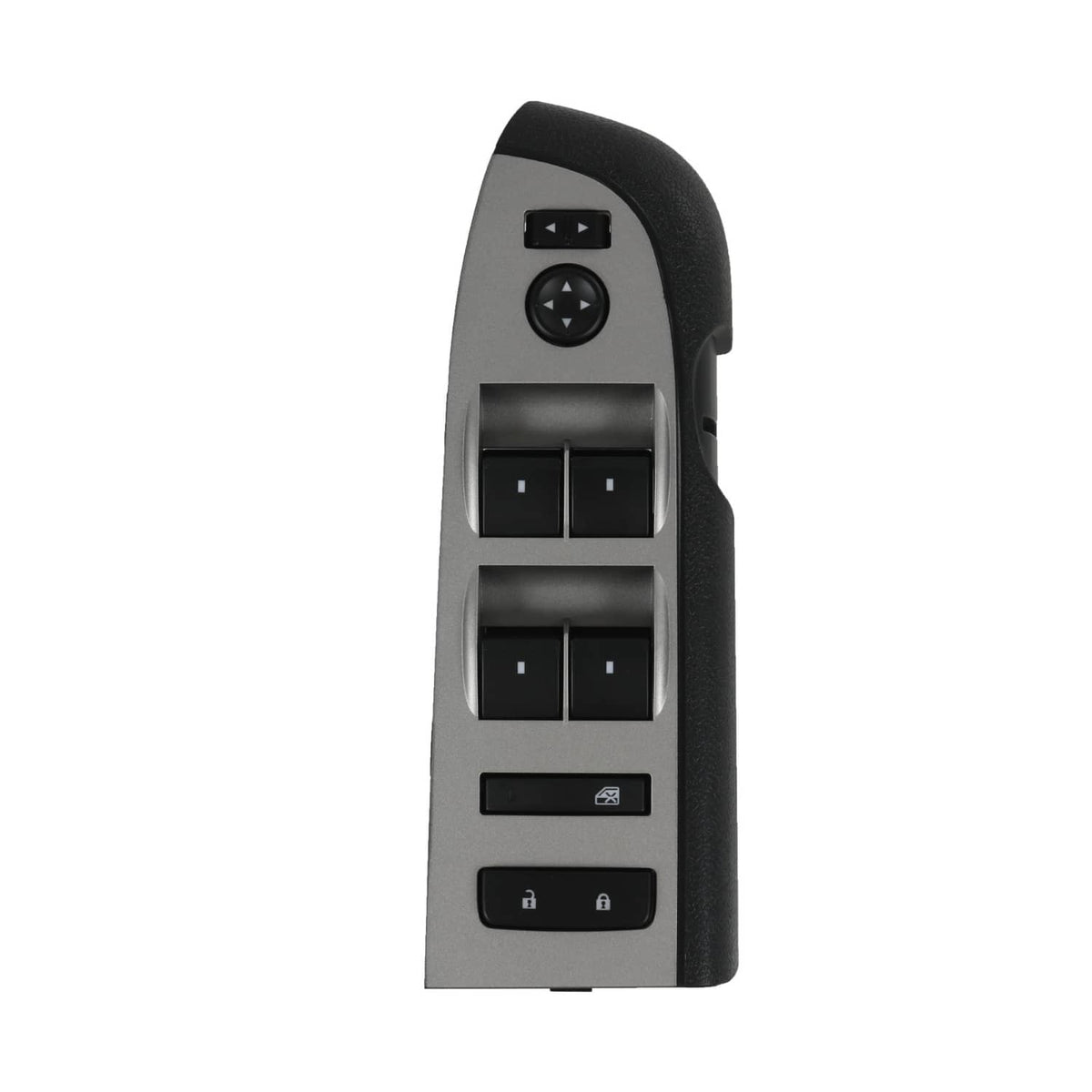 Power window switch with directional dial and four rocker switches on gray panel.