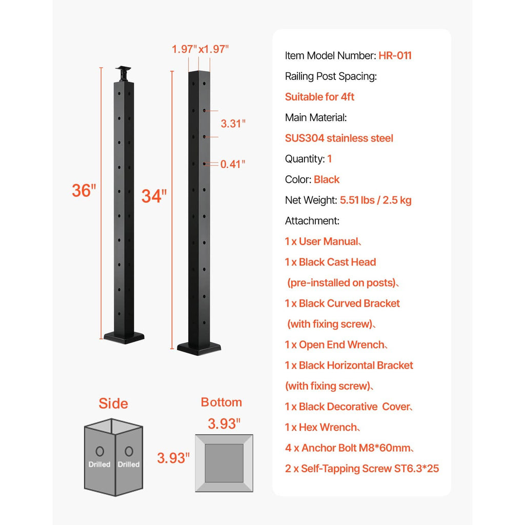 Black cable railing post dimension diagram with side and bottom measurements