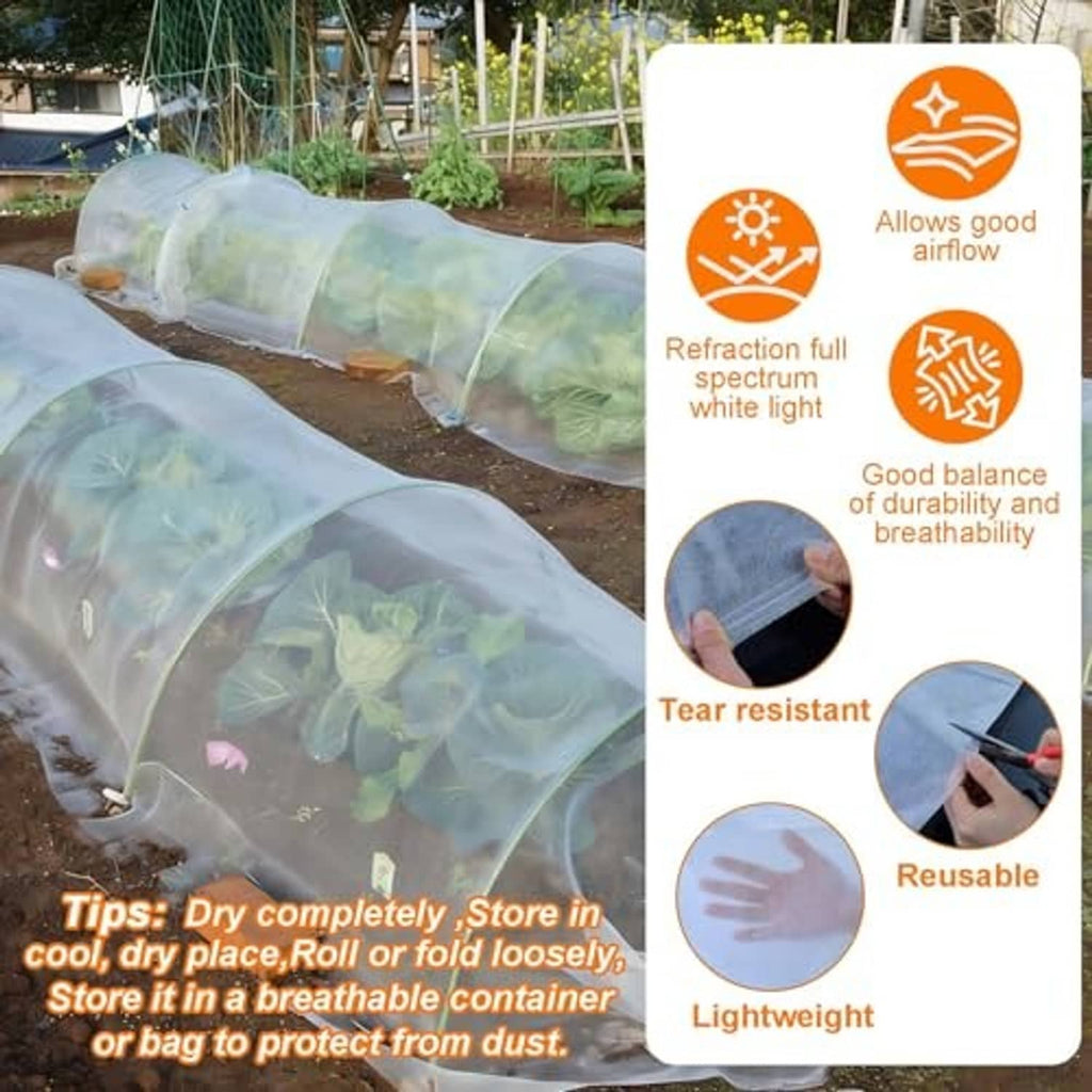 White garden shade cloth tunnel with arched cover over plants