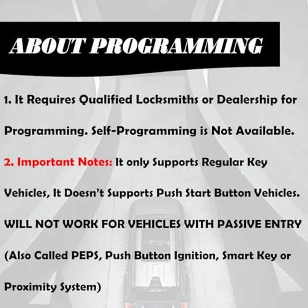 Key fob programming info panel with locksmith requirement and push-start notes