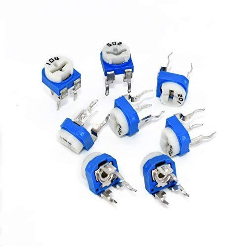 Blue-and-white trimmer potentiometer pack with round top adjustment and metal pin terminals