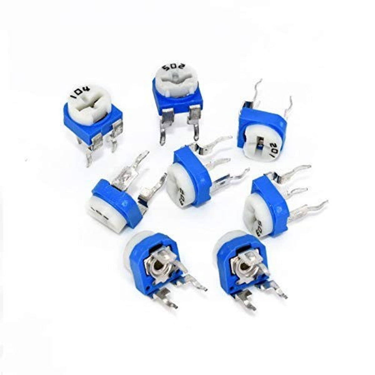 Blue-and-white trimmer potentiometer pack with round top adjustment and metal pin terminals