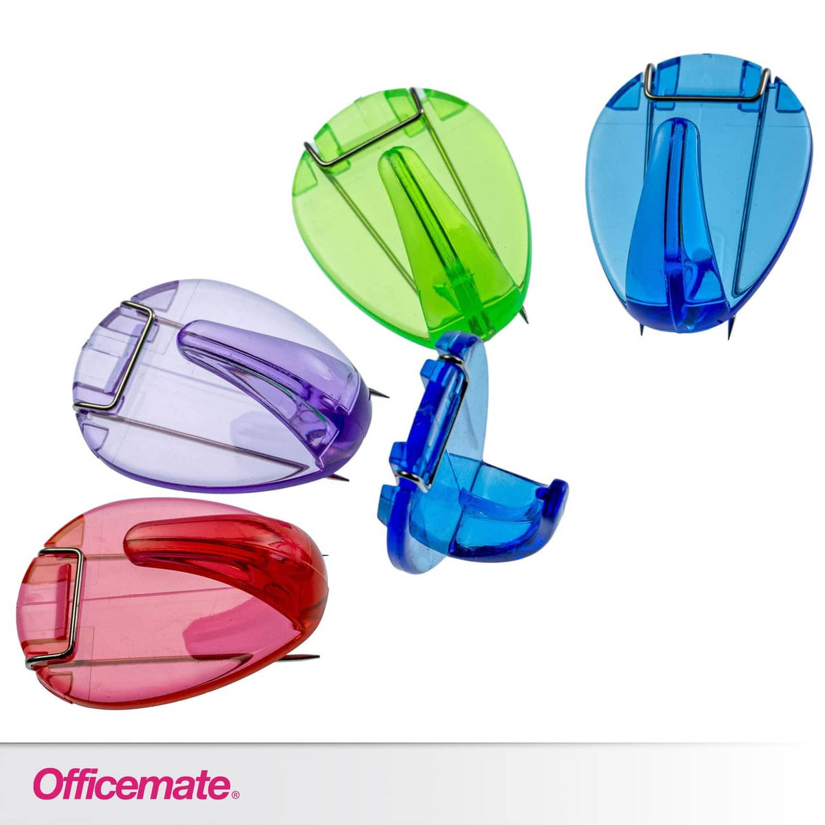 Assorted translucent office hooks in green, blue, purple, and red with clips.