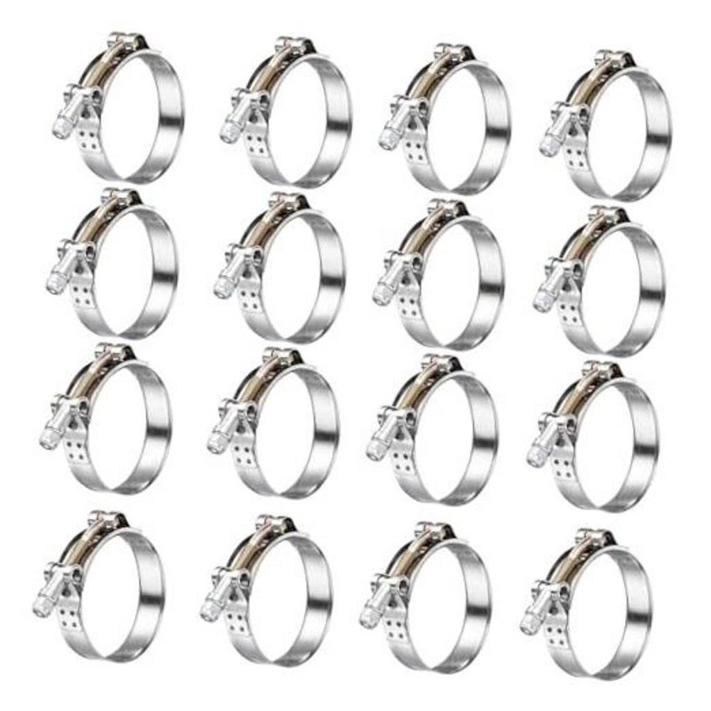 Set of 16 stainless steel T-bolt hose clamps with chrome finish, band and threaded bolt