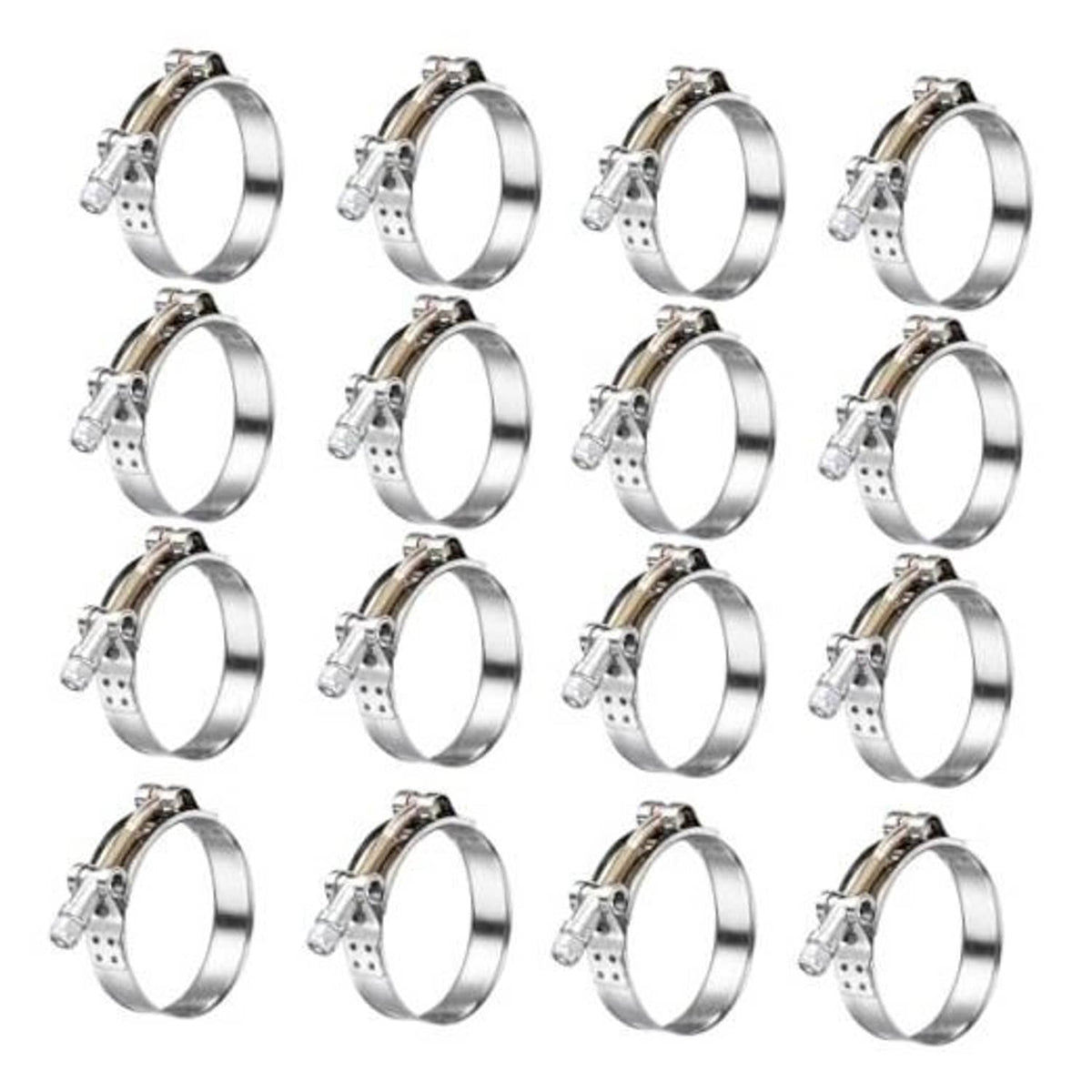 Set of 16 stainless steel T-bolt hose clamps with chrome finish, band and threaded bolt