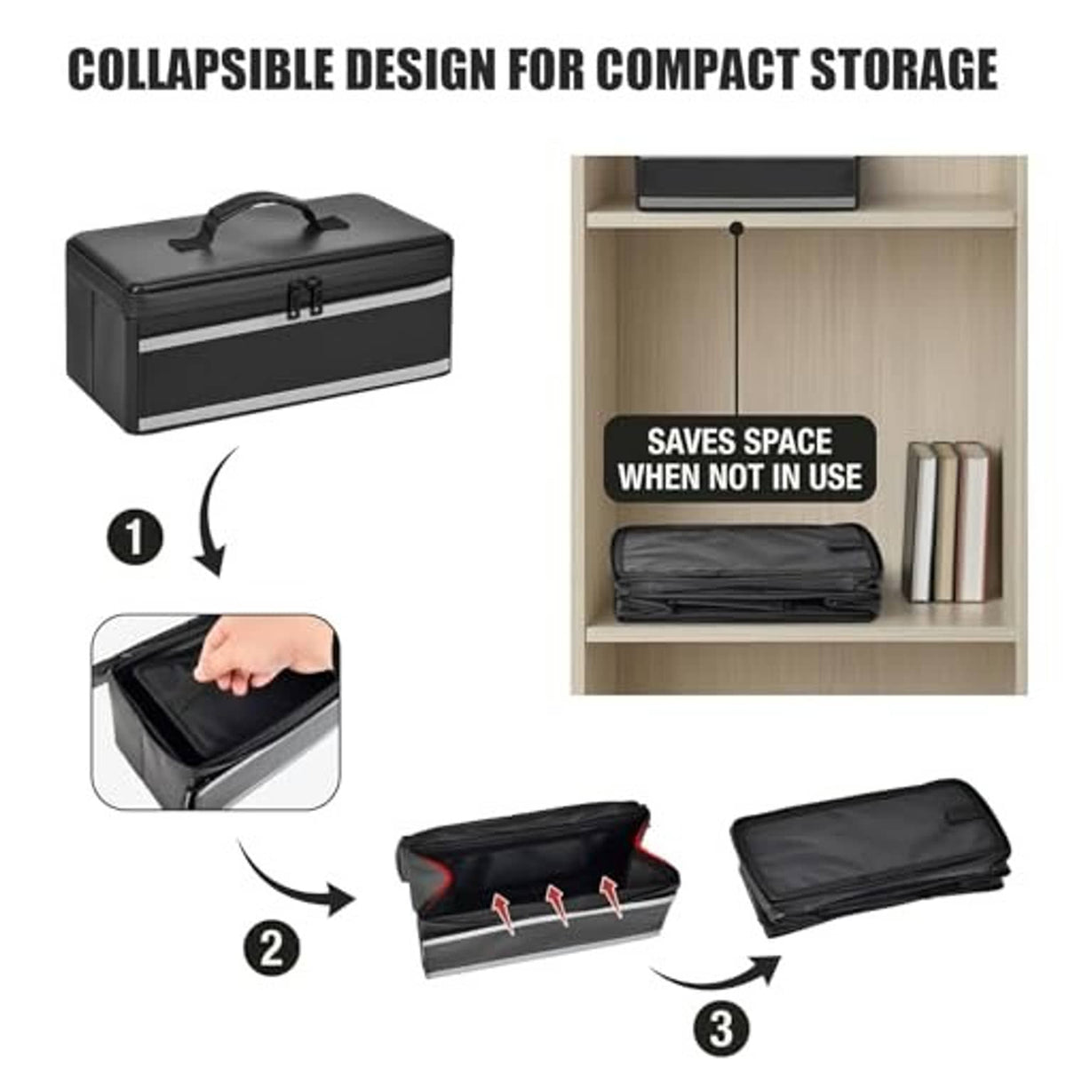 Collapsible black CD storage box with top handle and latch, compact folded view.