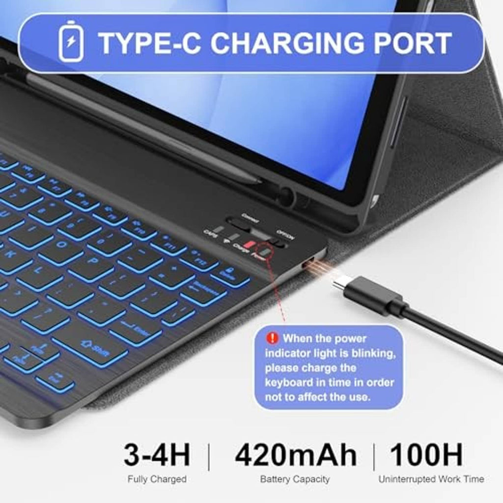 Close-up of Type-C charging port on black keyboard case with power indicator