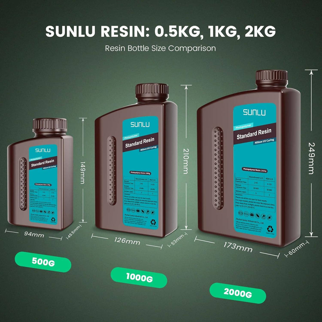 SUNLU resin bottle size comparison showing 0.5kg, 1kg, and 2kg bottles