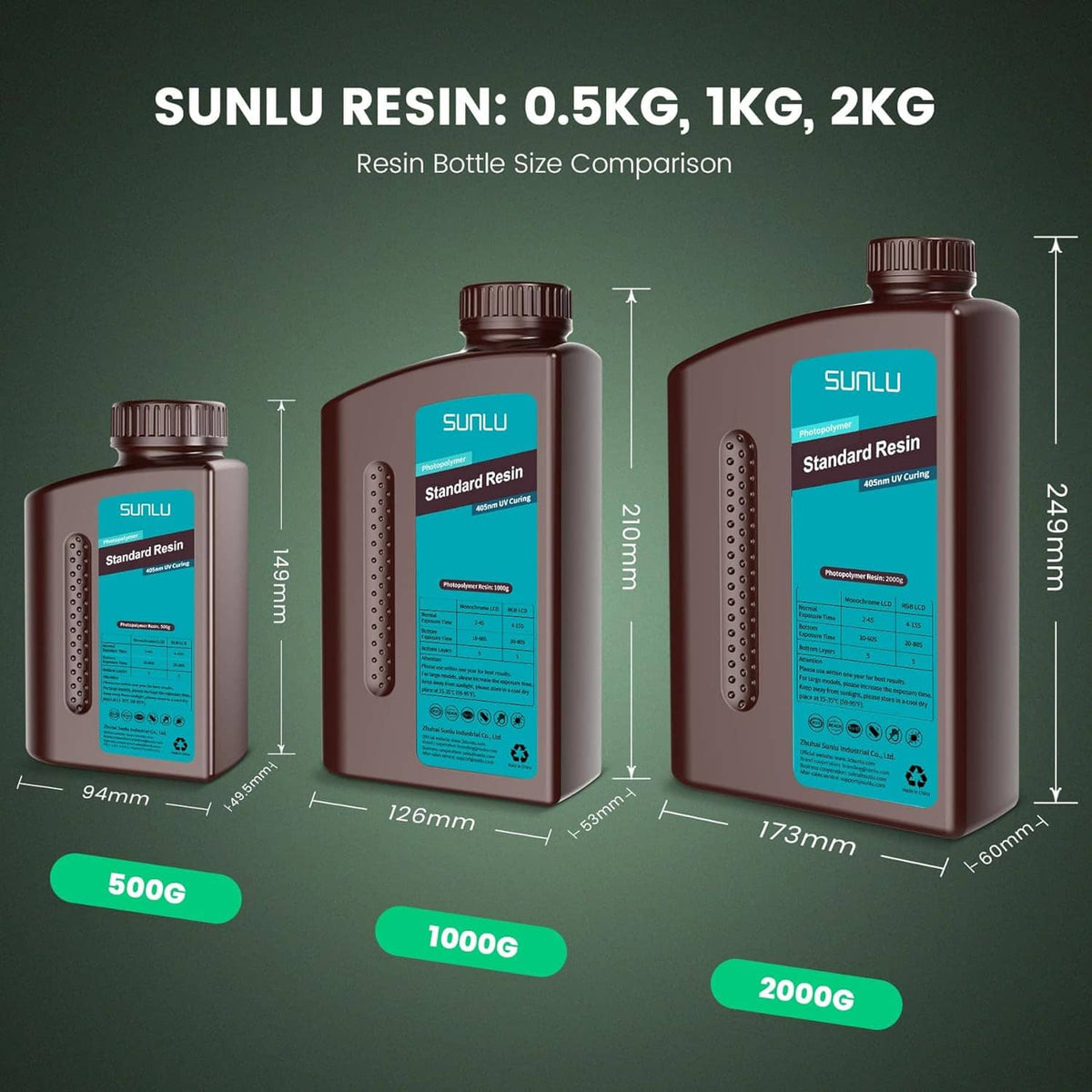 SUNLU resin bottle size comparison showing 0.5kg, 1kg, and 2kg bottles