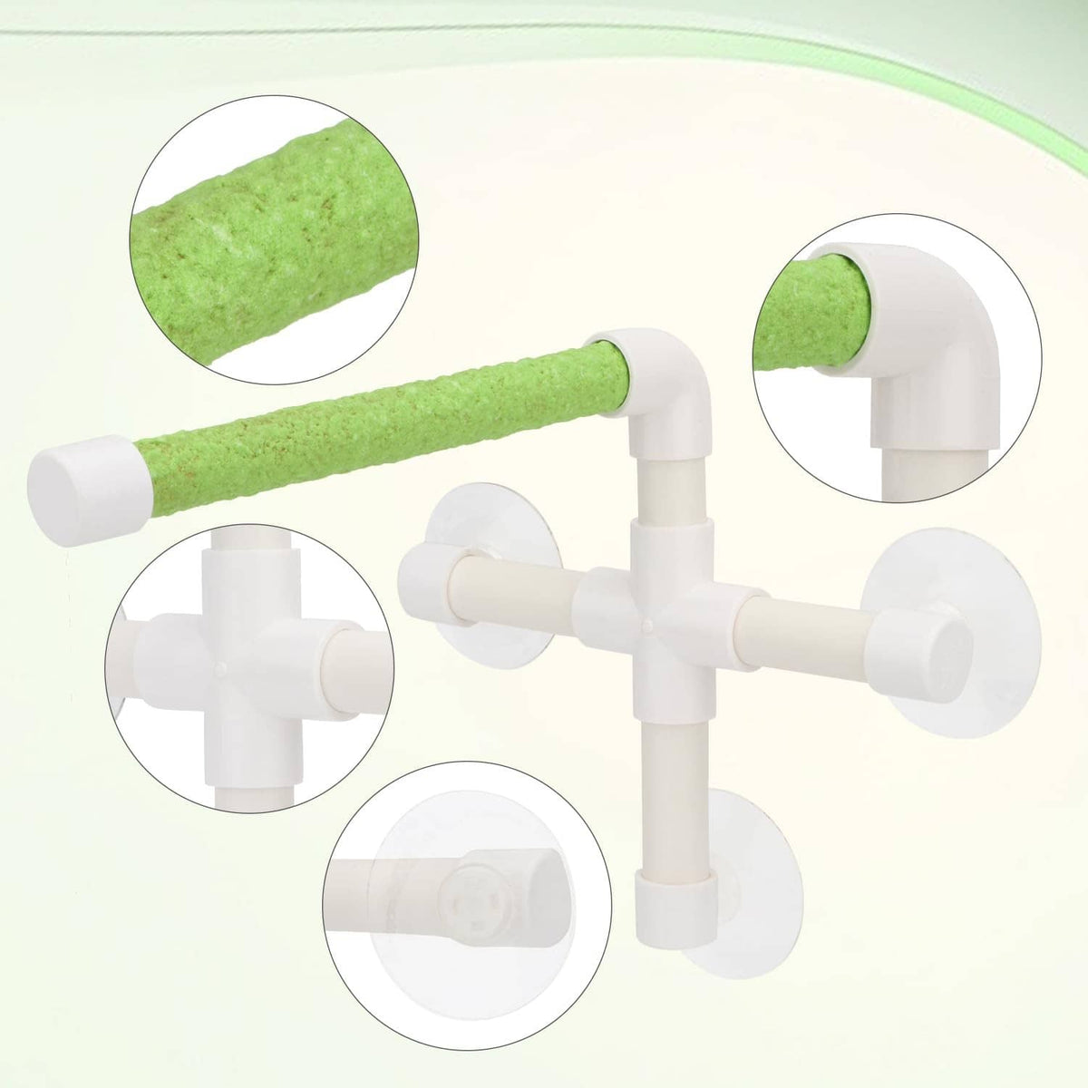 Green textured perch bar with white suction cups on bird perch toy frame