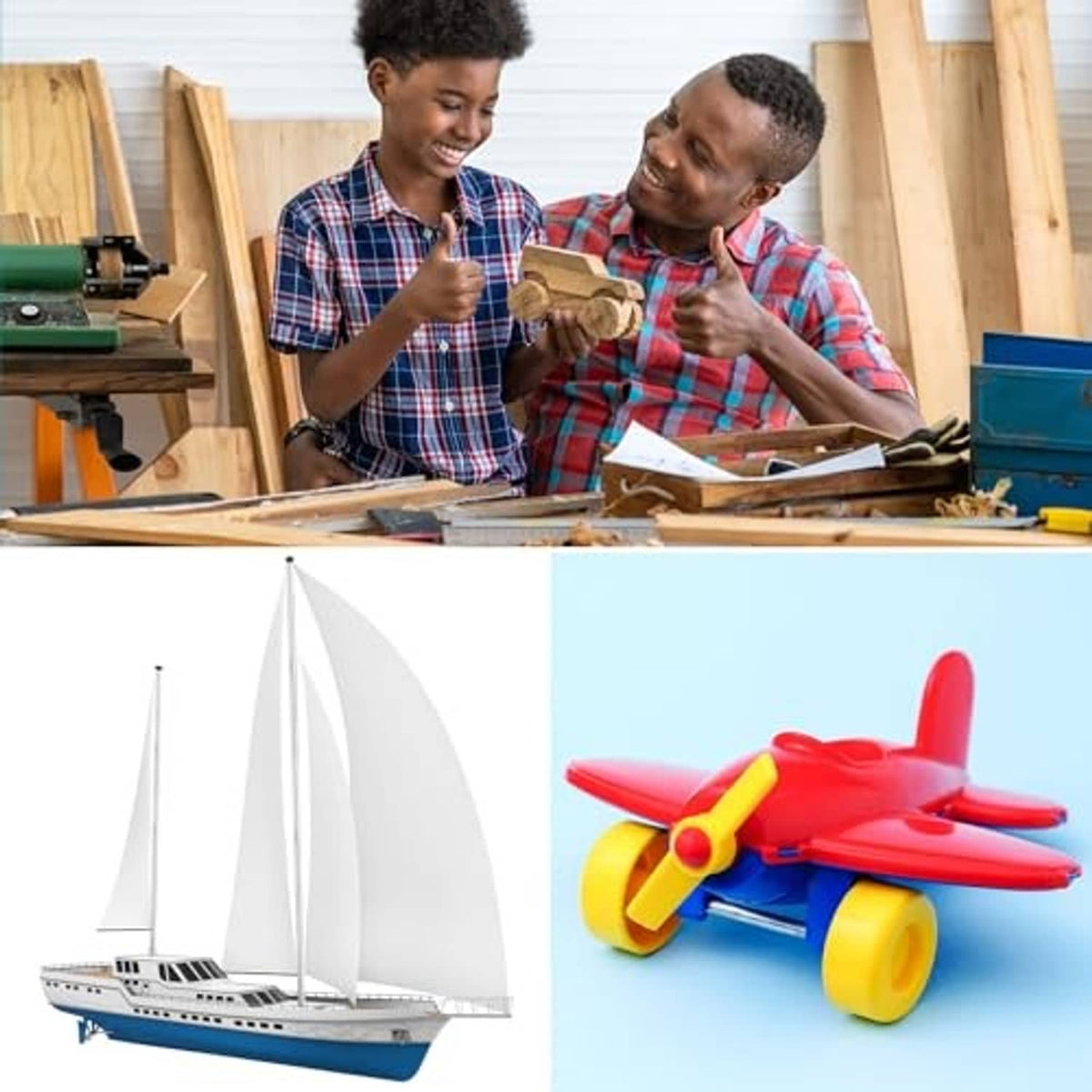 Steel threaded coupling sleeves for fastening projects, shown with model boat and airplane.