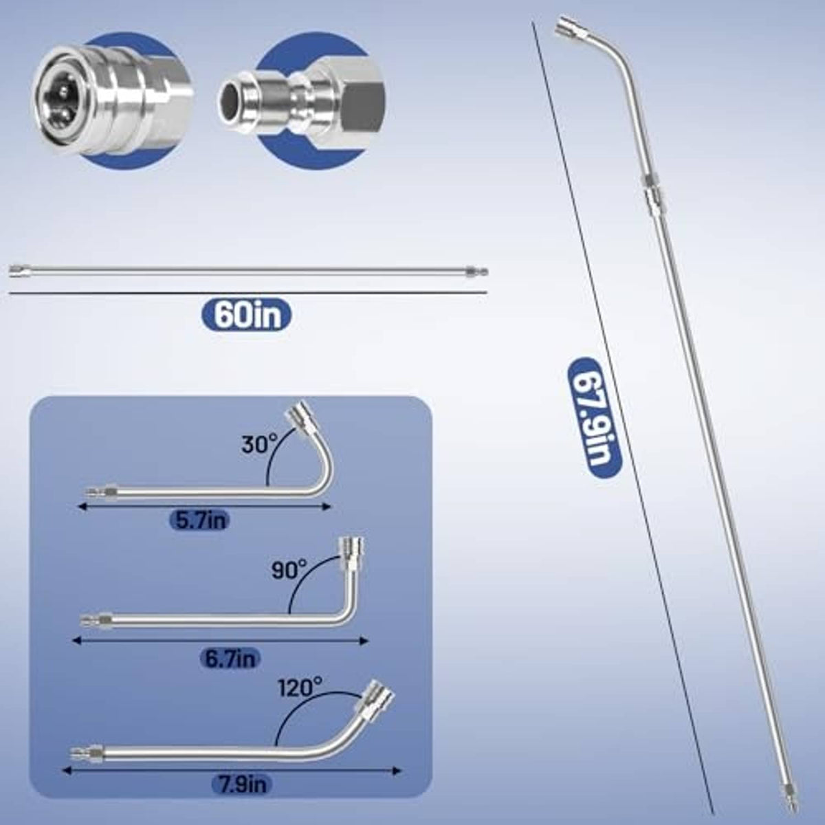 60-inch stainless extension wand with fittings and curved spray wand attachments