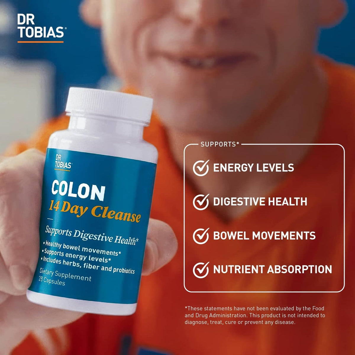Colon 14 Day Cleanse supplement bottle in hand with dietary supplement label