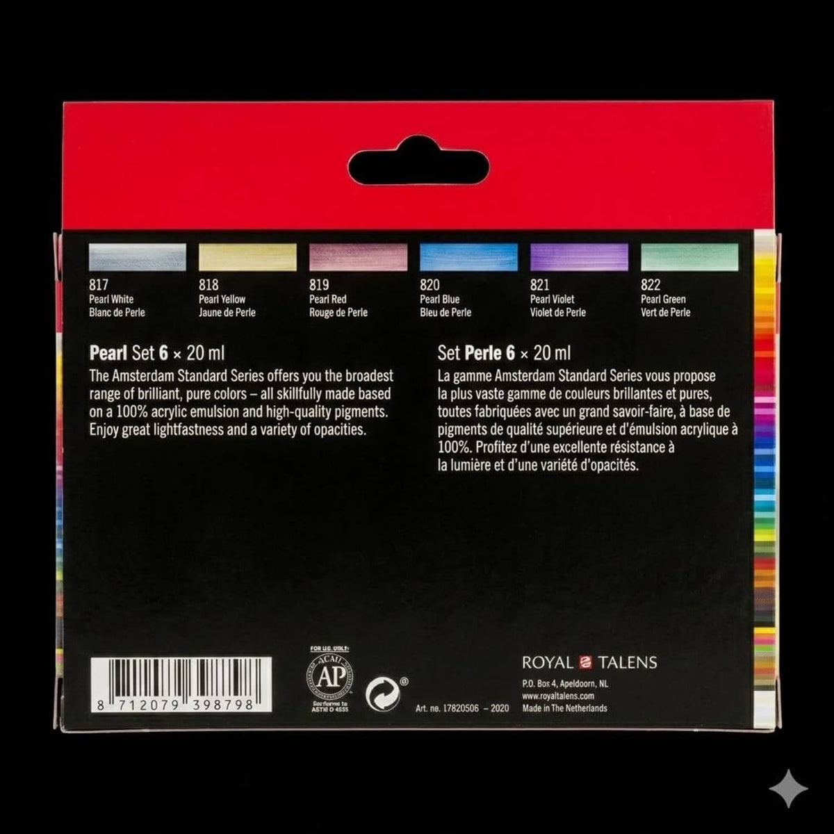 Back of Amsterdam Standard Series acrylic paint set box with tube labels and barcode