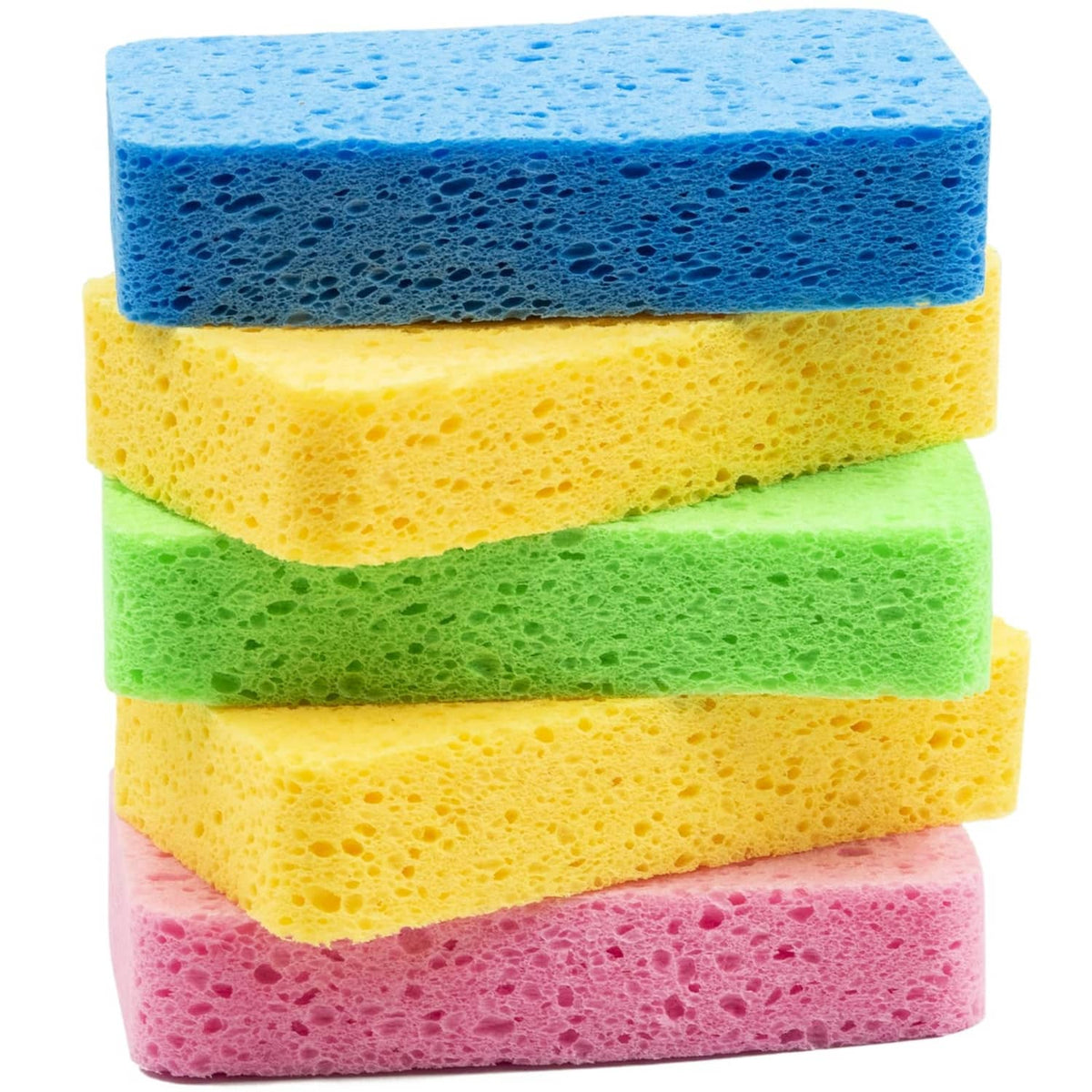 Thick rectangular cellulose sponges stack in blue, yellow, green, and pink porous foam.