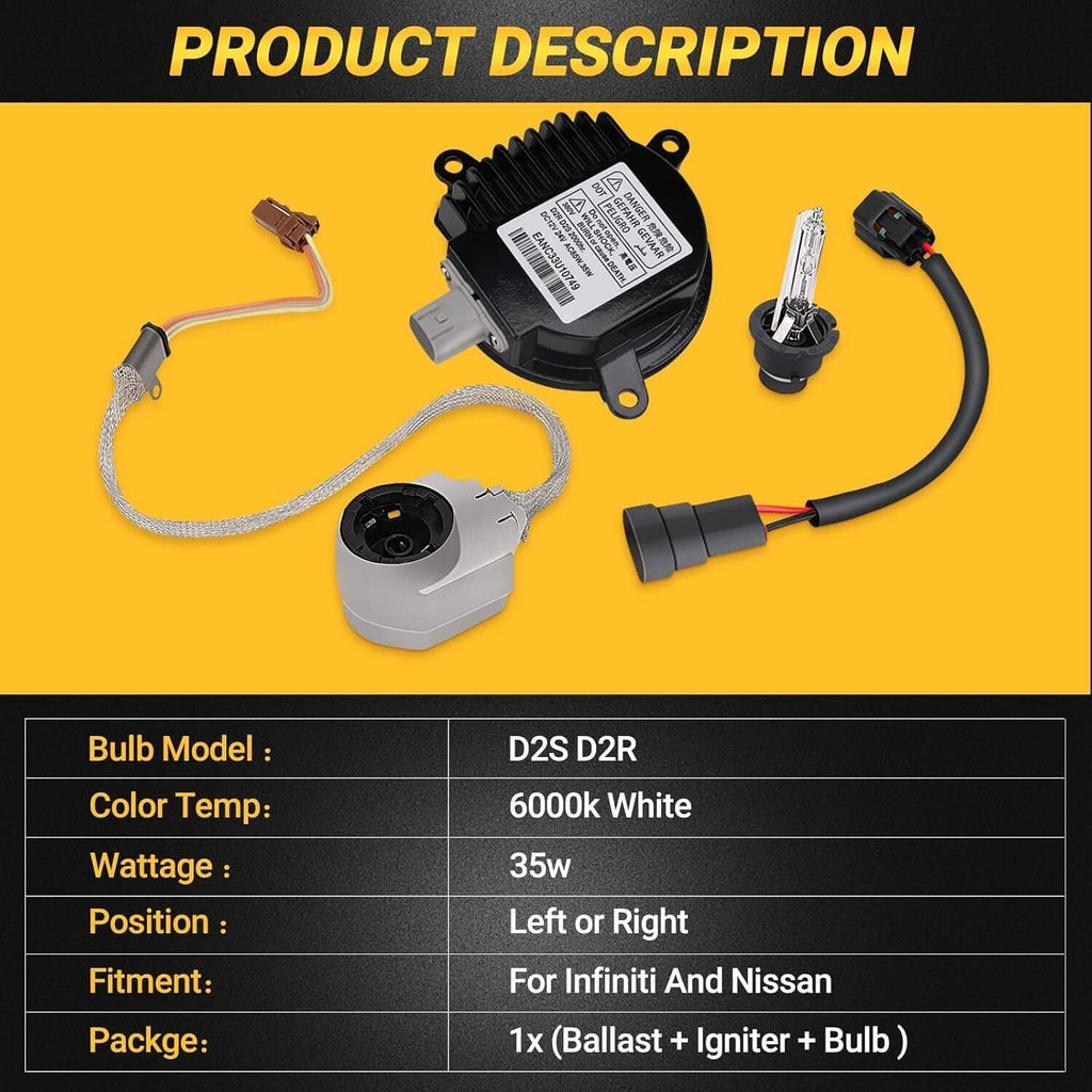 HID xenon headlight ballast kit contents: ballast, igniter, bulb, and wiring