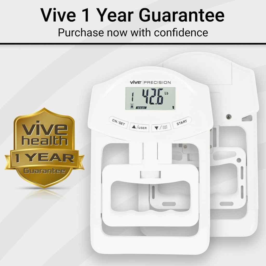 White handheld grip strength tester with LCD screen and one-year guarantee badge