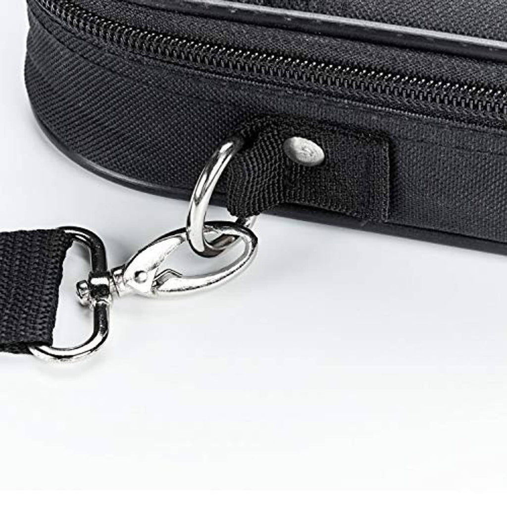 Metal snap clip and zipper pull on black pool ball carrying case