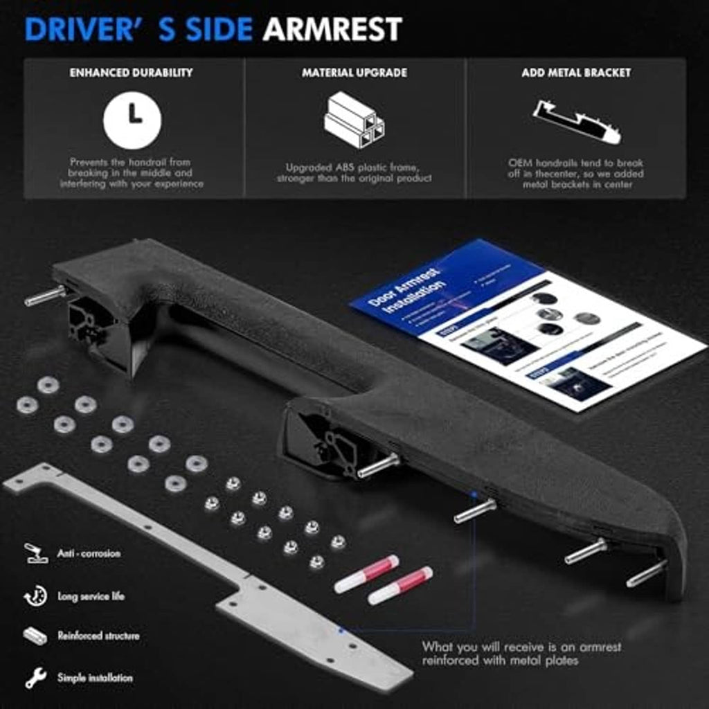 Driver-side door armrest repair kit with mounting bracket, hardware, and instruction set