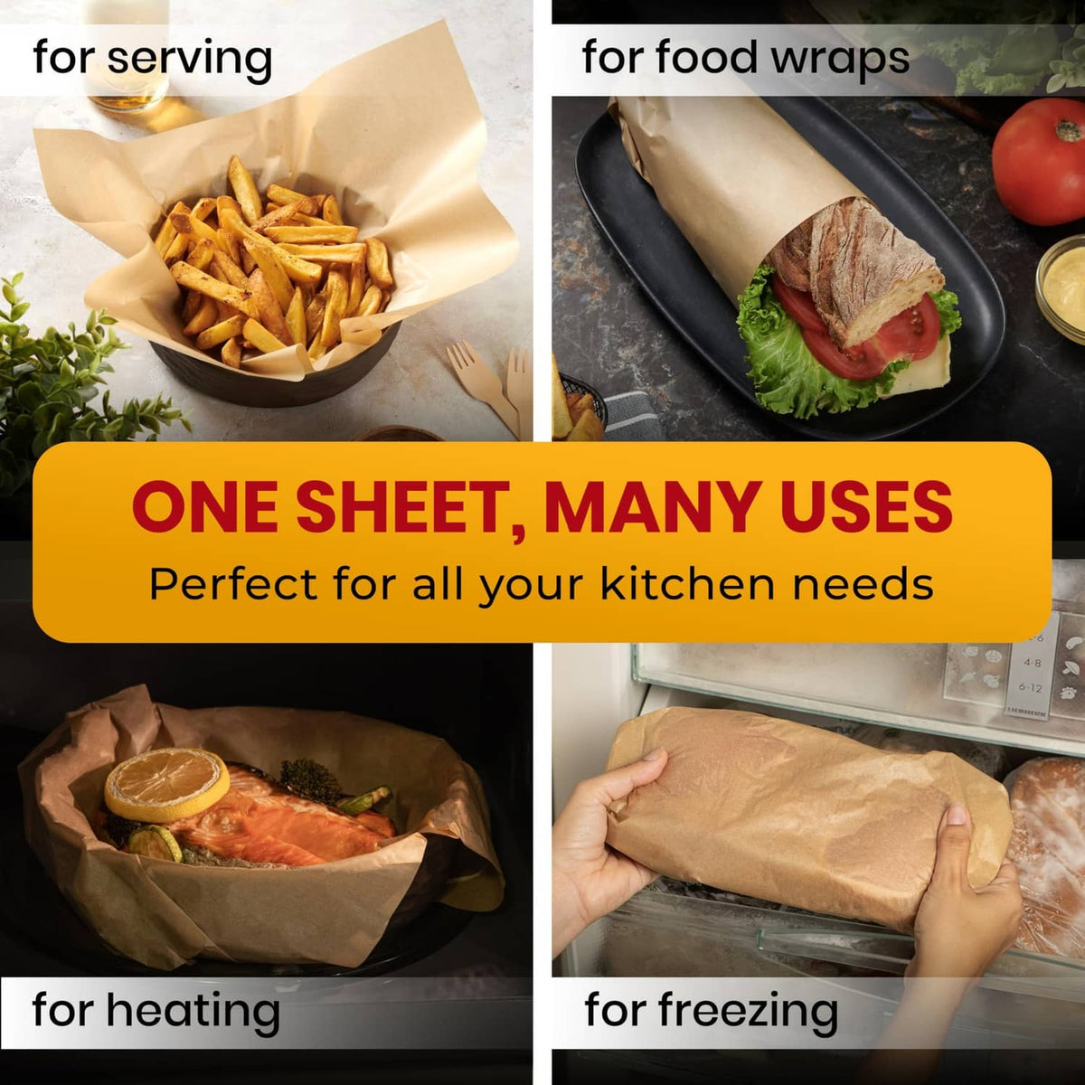 Natural brown parchment paper sheets in baking, wrap, and reheating uses shown