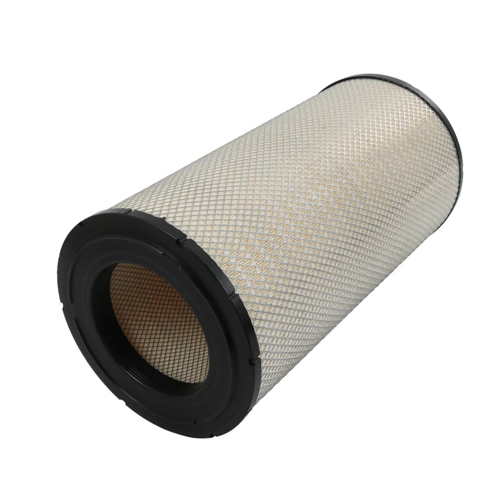 Side view of cylindrical engine air filter with white media and black end rings