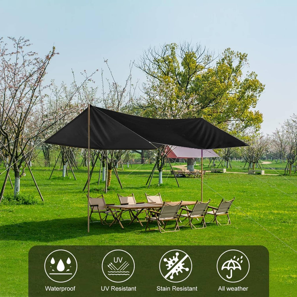Black waterproof tarp cover stretched overhead with corner grommets