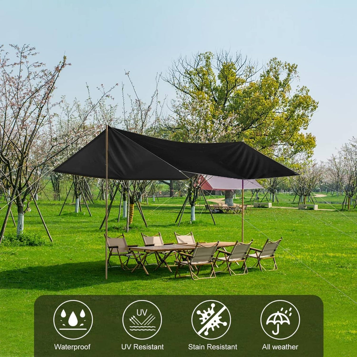 Black waterproof tarp cover stretched overhead with corner grommets