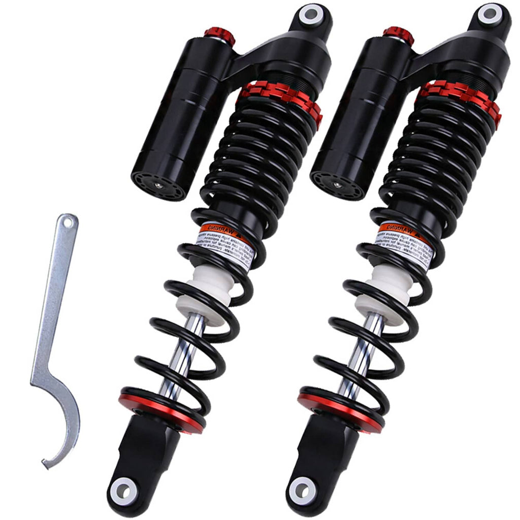 Two black air shocks with red spring collars, silver springs and mounting brackets, front set