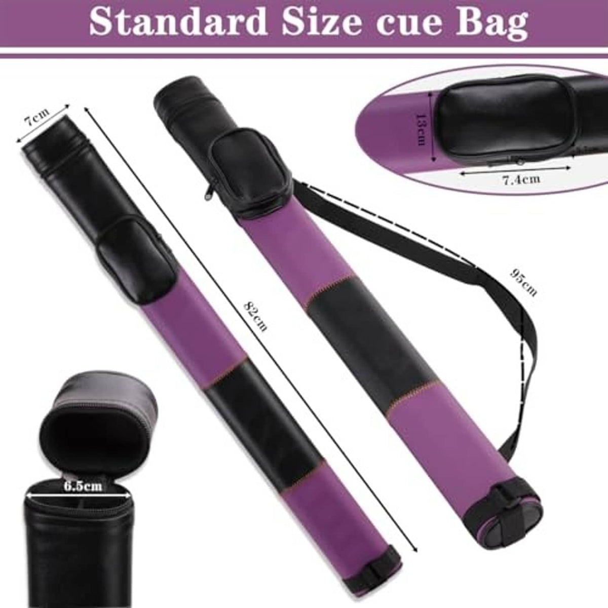 Purple cue hard case with black end caps, small accessory pouch, and shoulder strap