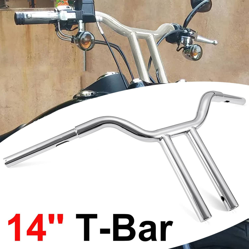 Chrome 14-inch T-bar handlebar with curved profile and three mounting points