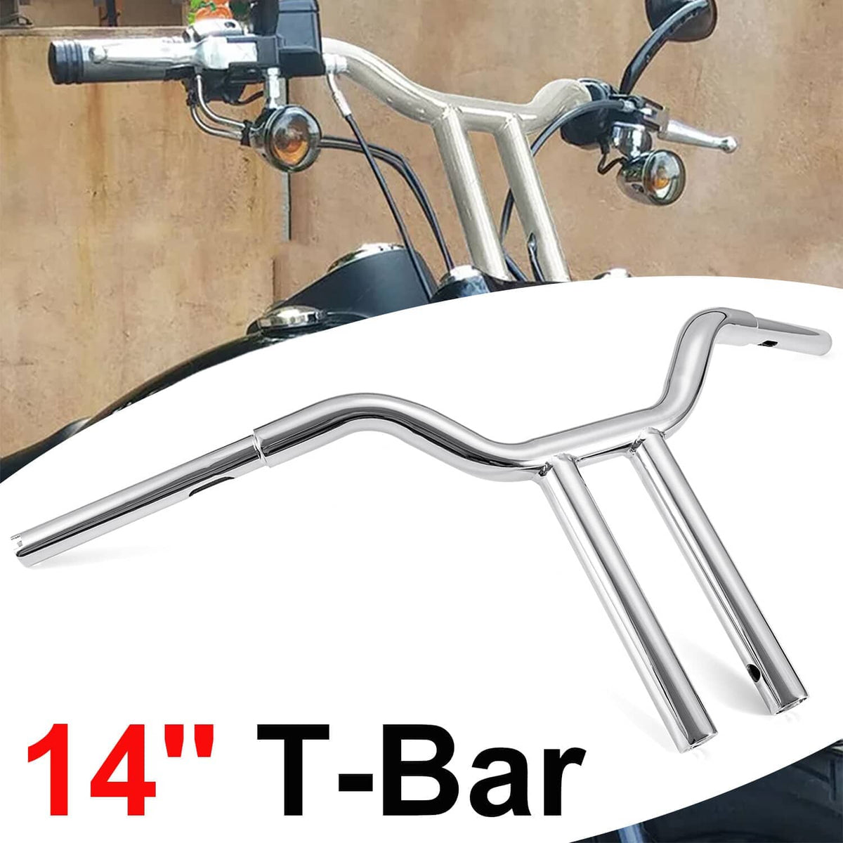 Chrome 14-inch T-bar handlebar with curved profile and three mounting points
