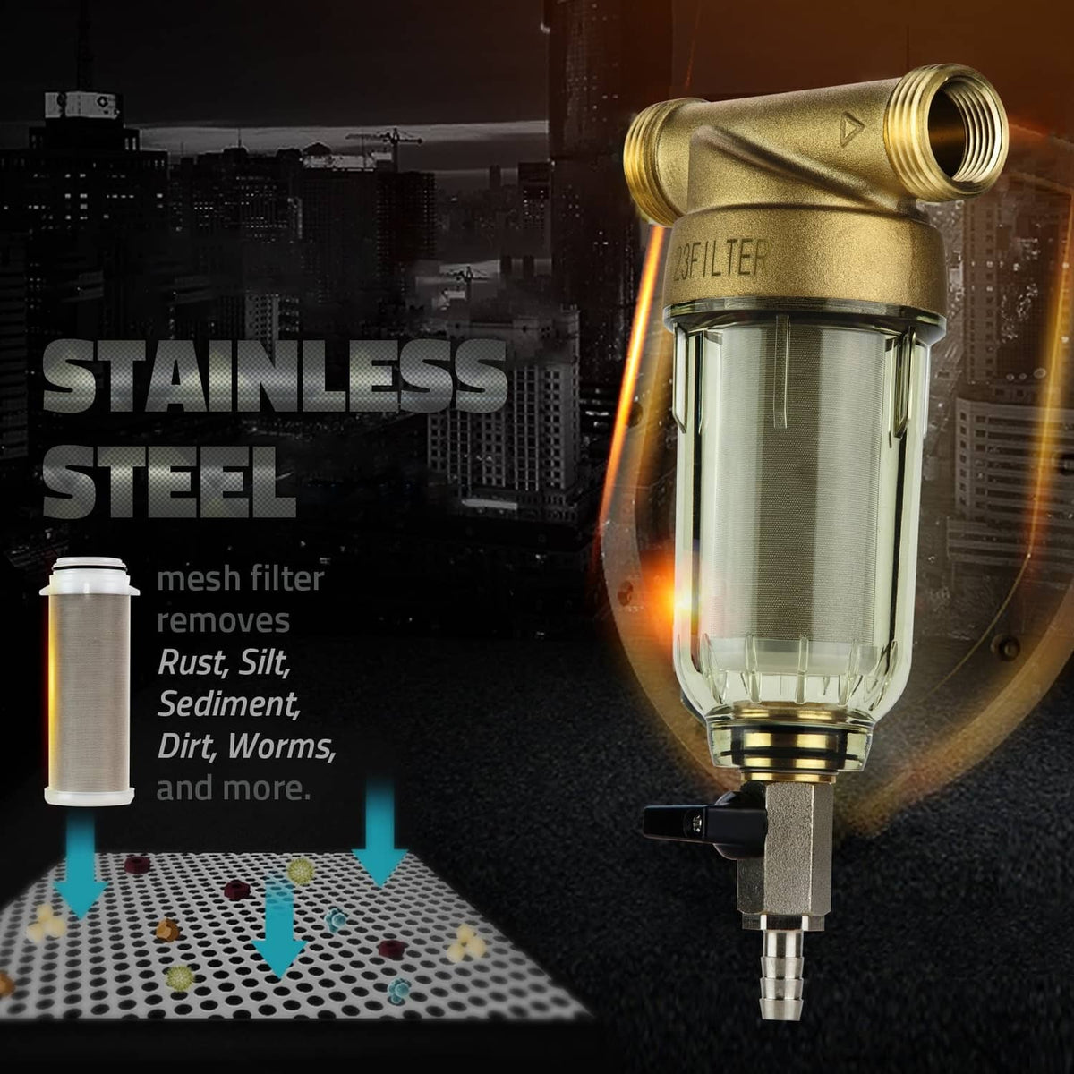 Brass spin-down sediment filter housing with clear bowl and internal mesh screen