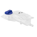 White coolant expansion overflow tank with blue cap and outlet hose