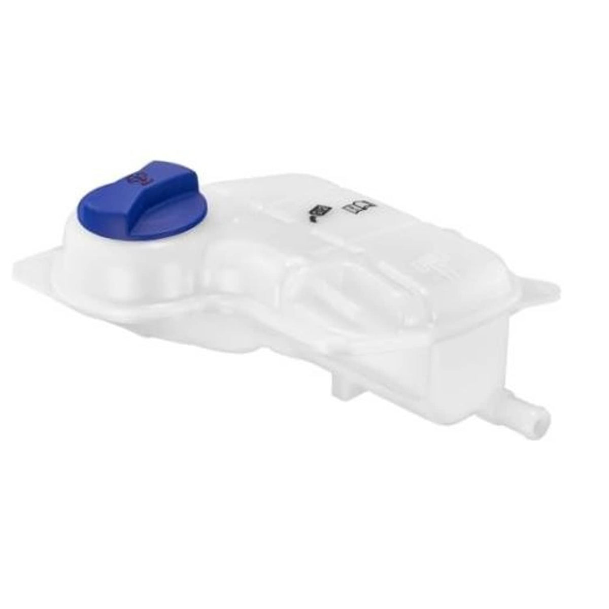 White coolant expansion overflow tank with blue cap and outlet hose