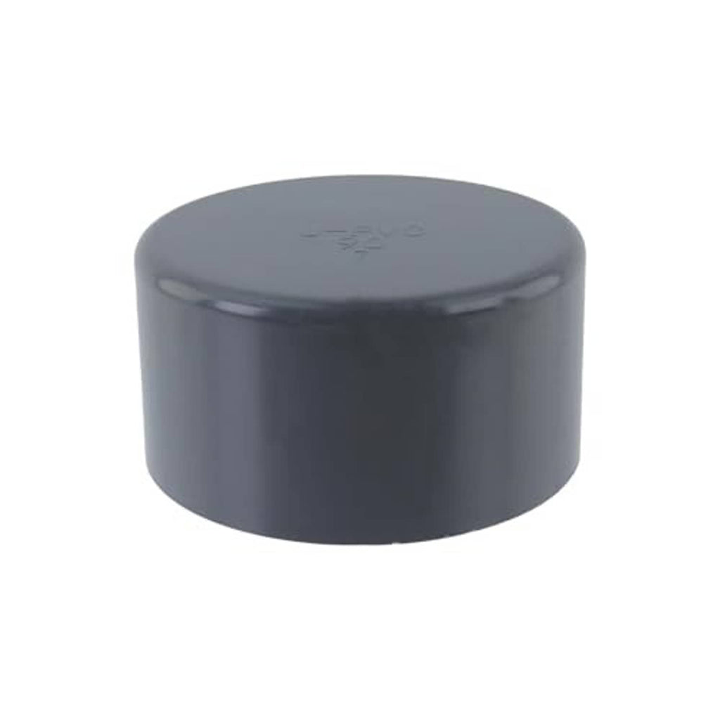 Round PVC pipe end cap plug, dark gray glossy top with markings