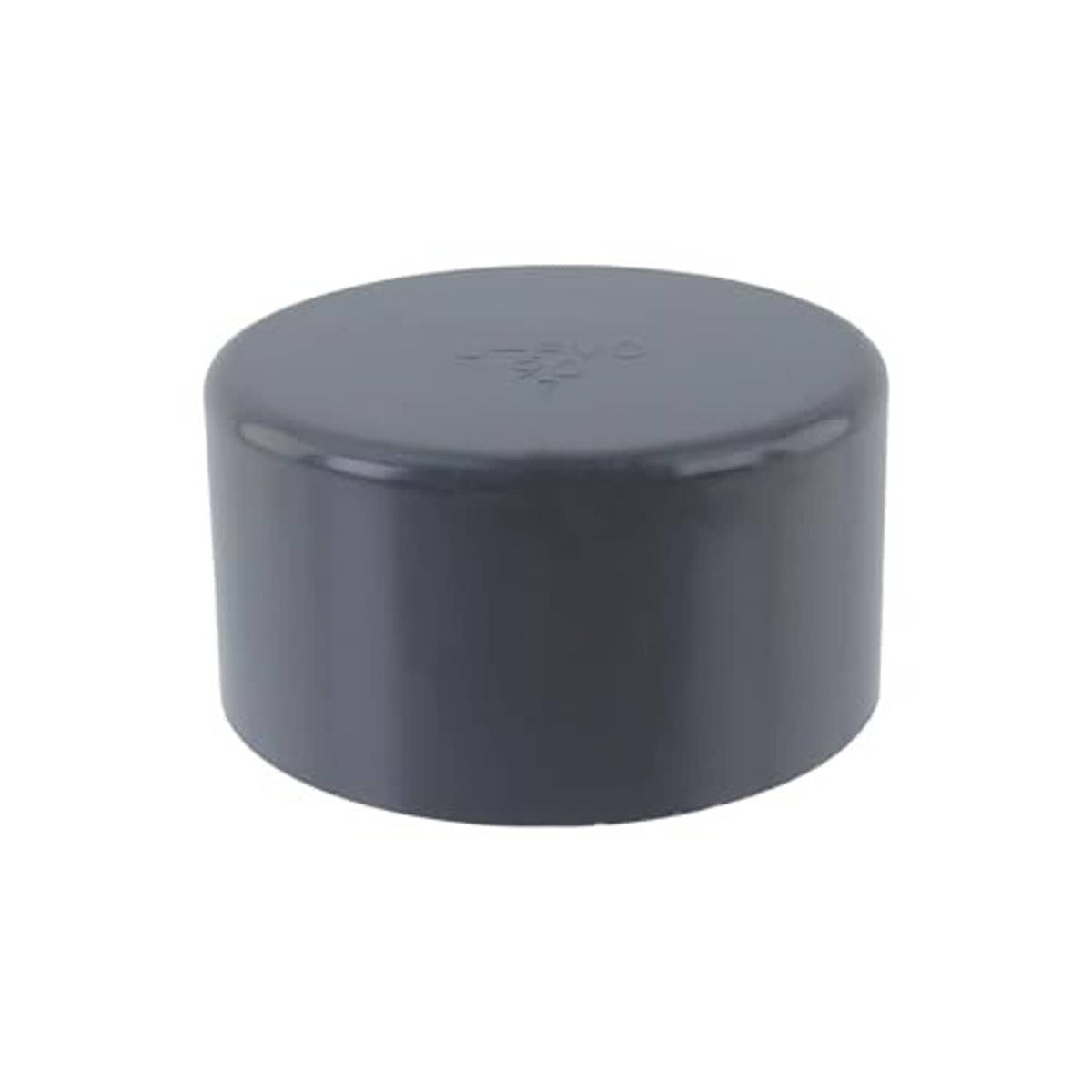 Round PVC pipe end cap plug, dark gray glossy top with markings