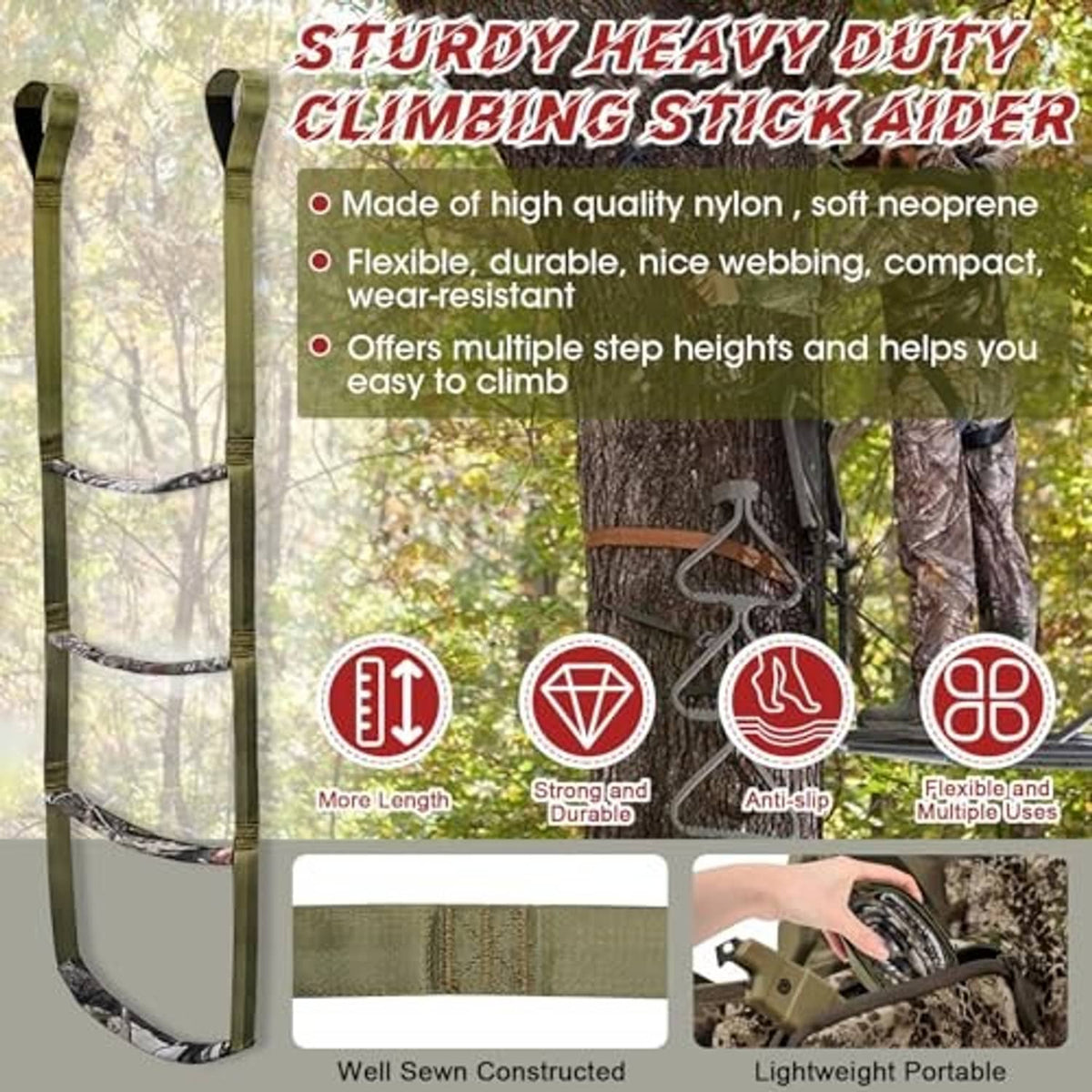 Green nylon climbing stick aider with four step heights and anti-slip stitched step pads