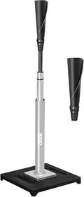 Adjustable baseball batting tee with black rubber hitting top and silver weighted base