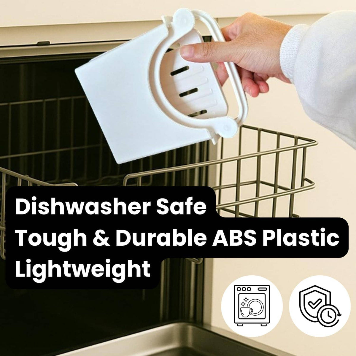 White bread slicer guide clipped to a dishwasher rack, held by a hand